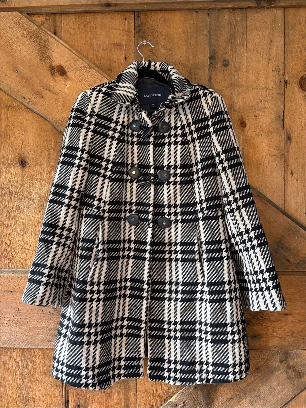 Lands' End Women Black White Plaid Toggle Pea Coat Jacket Size 10